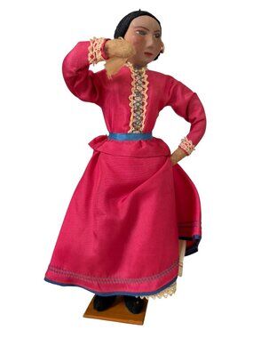 Vintage Navajo or Folk Art Doll  Vibrant Pink Dress With Lace & Embroidery Accen